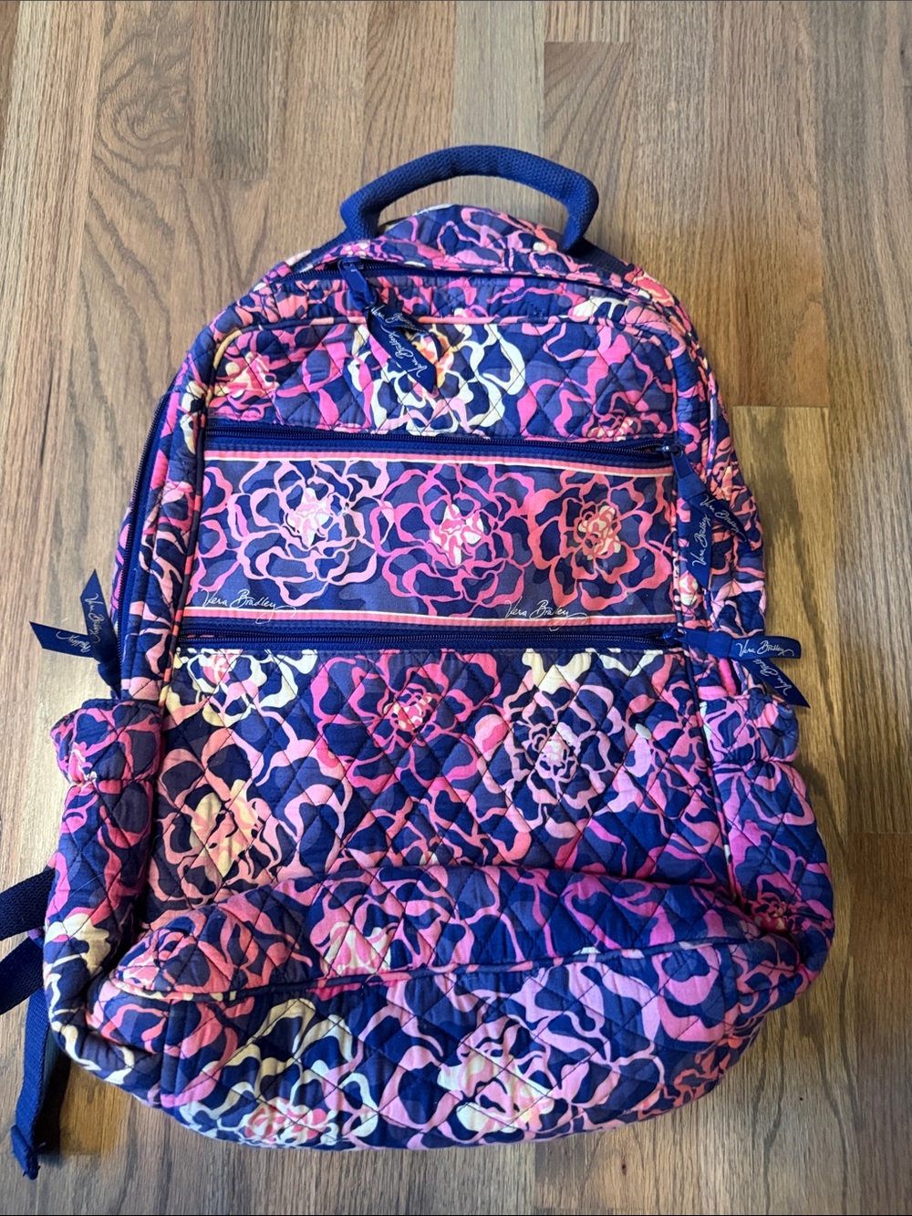 Vera Bradley Quilted Floral Backpack in Navy, Pink and Cream